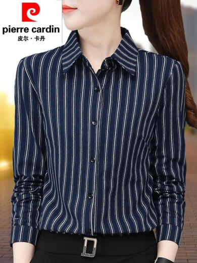 Pier Cardan cotton shirt for women cotton striped shirt for women long sleeves 2025 spring new fashion style for work ZXP1392 gray cotton M suggested 95105Jin [Jin equals 0.5 kg]