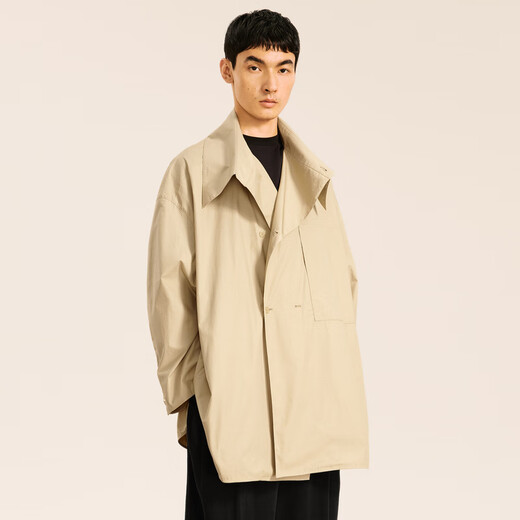 Sketch men's autumn and winter new casual silhouette windbreaker loose long-sleeved shirt collar A-shaped fashionable design jacket 250 Khaki M