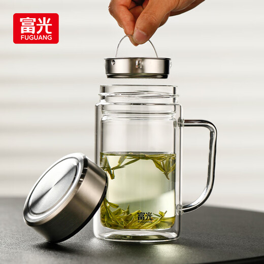 Fuguang double-layer glass cup supports group purchase custom-made tea cup office cup with handle Large capacity men and women water cup 580ML
