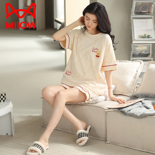 猫人（MiiOW）睡衣女款夏季纯棉短袖短裤甜美薄款全棉休闲学生家居服套装 YZ9892 100纯棉 9851 M 【 建议80-100斤穿】