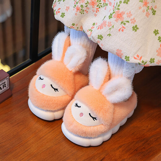 Candy astringent parent-child winter children's cotton slippers, cute rabbit warm plus velvet for boys and girls at home, non-slip soft bottom baby cotton slippers, cute rabbit slippers - pink, size 32-33, inner length 19.5cm