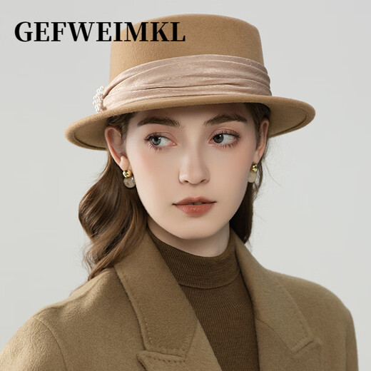 GEFWEIMKL Merino Wool Hat Women's Autumn and Winter New French Retro Elegant Flat Top Wool Hat Satin Pearl Women Enamel Burgundy Adjustable (56-58cm)