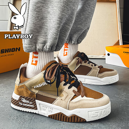 花花公子鞋子男款2025秋冬季男鞋新款休闲板鞋男士百搭厚底增高运动鞋 白棕色 39