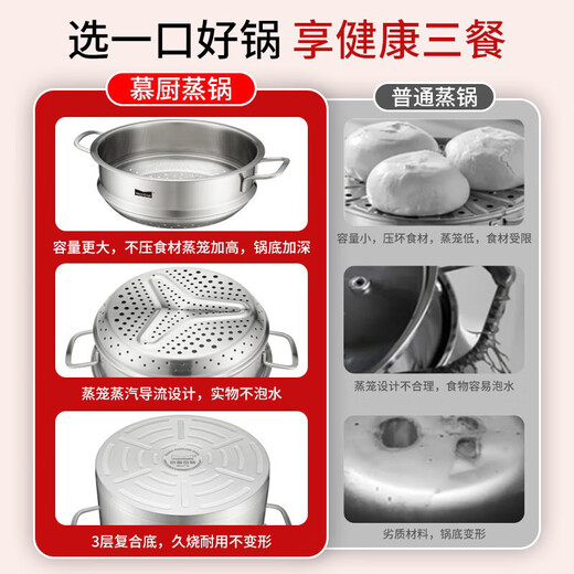 Momscook stainless steel steamer 28cm multi-layer steamer steamer 304 double-layer thickened soup steamer dual-purpose bottom height 14cm 28x14cm double-layer steamer 2 layers 28cm