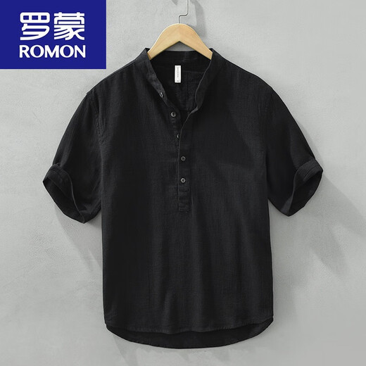 罗蒙（ROMON）中国风苎麻短袖男立领T恤棉麻复古休闲透气薄款亚麻半开衫短t 黑色 棉麻宽松水洗 XL 140-160斤