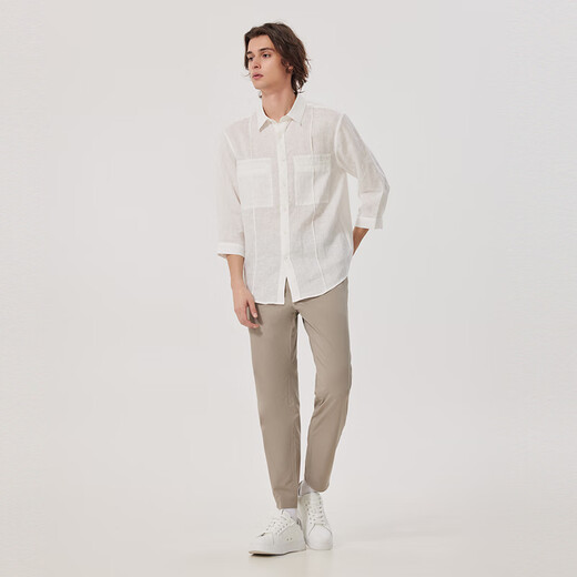 卡宾（CABBEEN）【100%亚麻】商场同款七分袖衬衫男2024夏季新款轻薄 米白色12 L /175/50