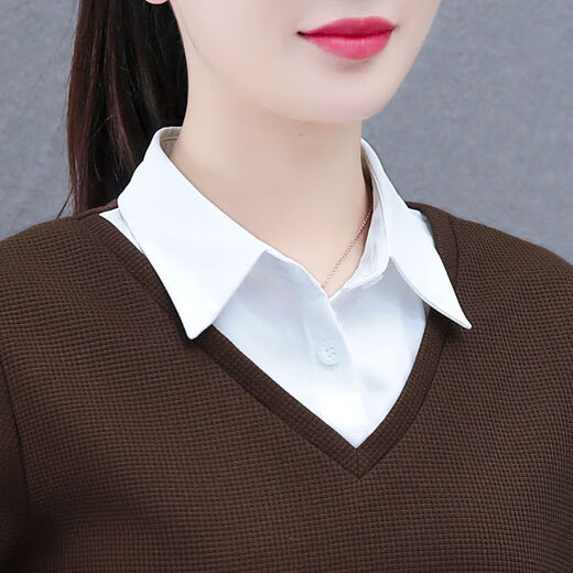 ZHIDOUDOU casual vacation two-piece hooded pullover top women fake two-piece shirt women 2024 spring and autumn new fashion lapel trend ws5009 brown color - spring and autumn style 10XL m 100Jin [Jin equals 0.5 kg]