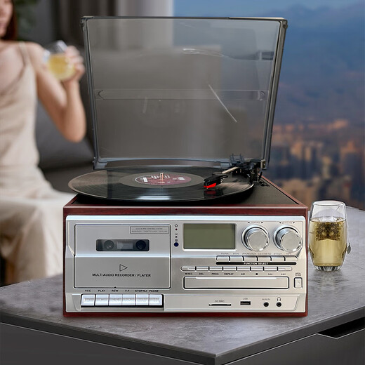 Heritage family tape player, vinyl CD all-in-one multi-functional antique tape player, vinyl record player, retro gramophone, Bluetooth audio, home living room ornaments, vinyl tape all-in-one machine, mahogany color (silver panel)
