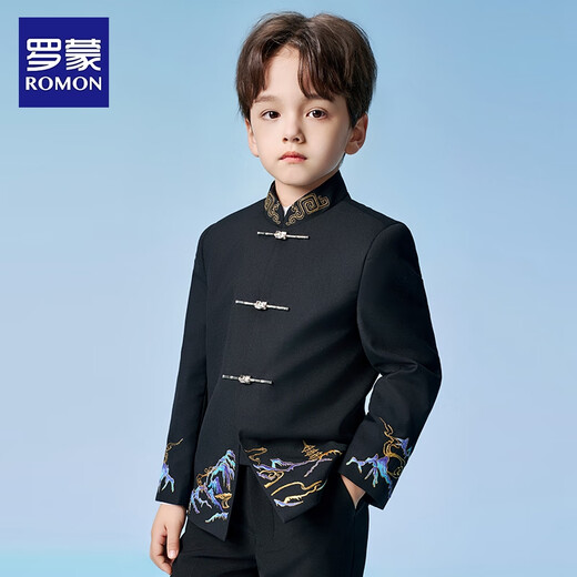 罗蒙男童中山装西装套装国风新中式西服民国儿童主持人演出服 黑色140