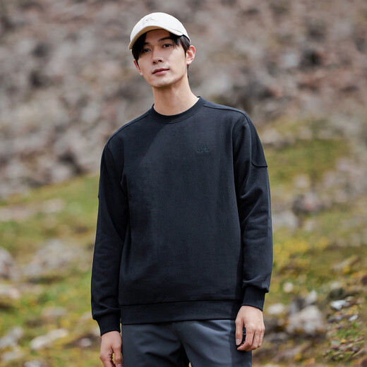 Pioneer Camp Spring and Autumn Round Neck Sweater Men's Loose Cotton Long Sleeve Top Solid Color Simple Embroidered Pullover Winter Warmth Heavy Terry - Black XL