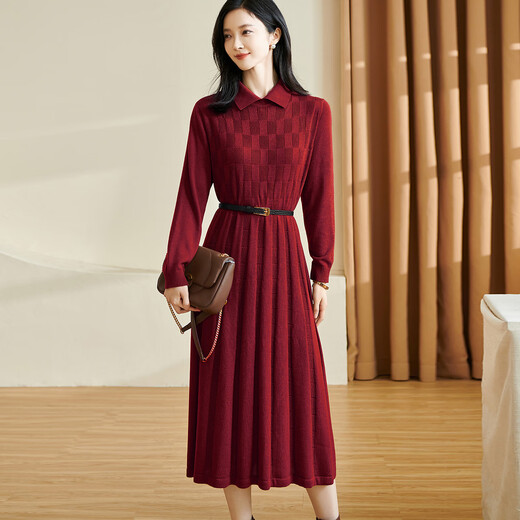 Misshine 2024 autumn new style retro plaid dress design pleated knitted skirt for women 3523 red S