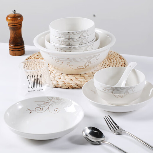 Schüssel Set 6-10 Personen Gourmet Chinese einfache Keramikschalen, Teller, Schalen, Essstäbchen Kombination kreatives Hauswarming-Geschenkgeschirr rein weiß 6 Schalen 4 Teller 10 Essstäbchen 2 Nudeln Schalen 1 Fischplatte 2