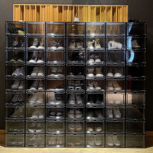 Acrylic shoe box fully transparent magnetic hard plastic transparent drawer type shoe box shoe storage box plus front door transparent black 20 pieces