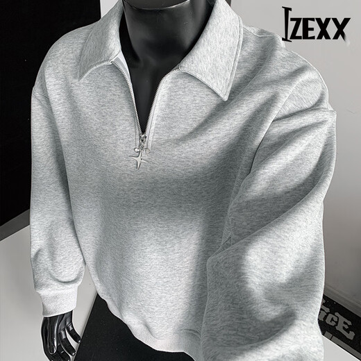 IZEXX half-zip sweatshirt men's spring American loose lapel polo shirt casual top long sleeve JW54 light gray L