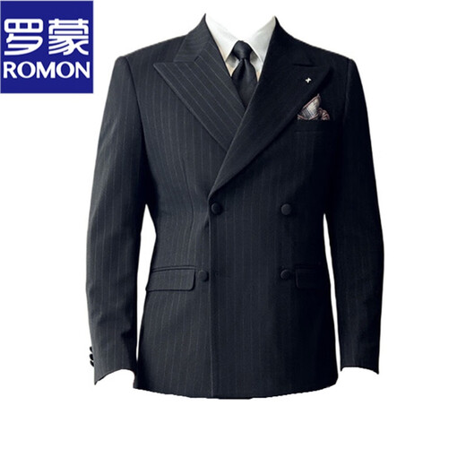 ROMON autumn and winter thickened peaked lapel double-breasted suit suit men's fashionable wedding groom's dress striped formal three-piece suit black (single-piece suit) L