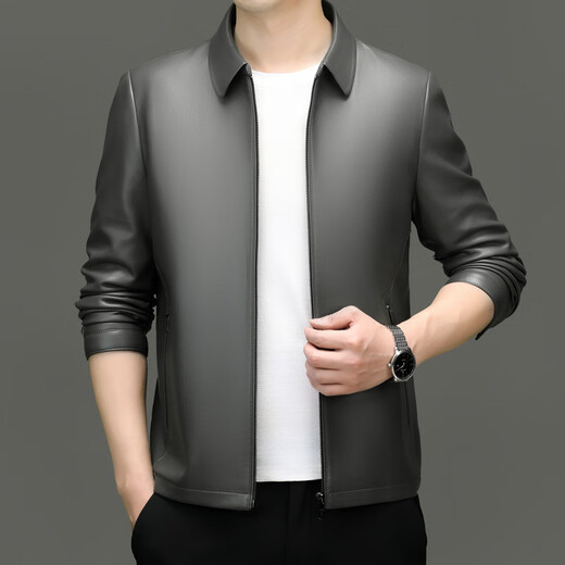 Lilan Men's Leather Jacket Autumn and Winter Lapel Zipper Leather Jacket Middle-aged Business Casual Men's Leather Jacket Dad's Top Brown M