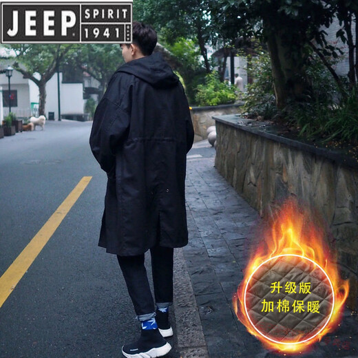 JEEP SPIRIT windbreaker jacket men's mid-length simple 2025 spring and autumn loose trend hooded handsome temperament casual coat black black cotton S suitable for weight 95-125Jin Jin is equal to 0.5 kg