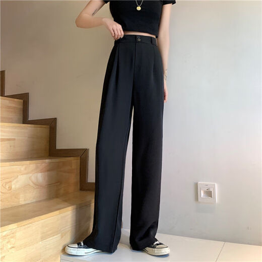 Clever black suit pants for women in spring and autumn thin Korean style high waist drooping and slimming straight loose wide-leg floor casual trousers 1047# [Black one button] M [Suggested 94-108Jin[Jin equals 0.5 kg]]