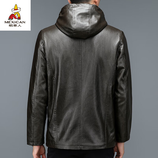 Scarecrow (MEXICAN) autumn and winter middle-aged and elderly leather jacket hooded men's leather jacket large size loose casual dad wear velvet thickened jacket 105 black 3XL 185170-190Jin Jin is equal to 0.5 kg