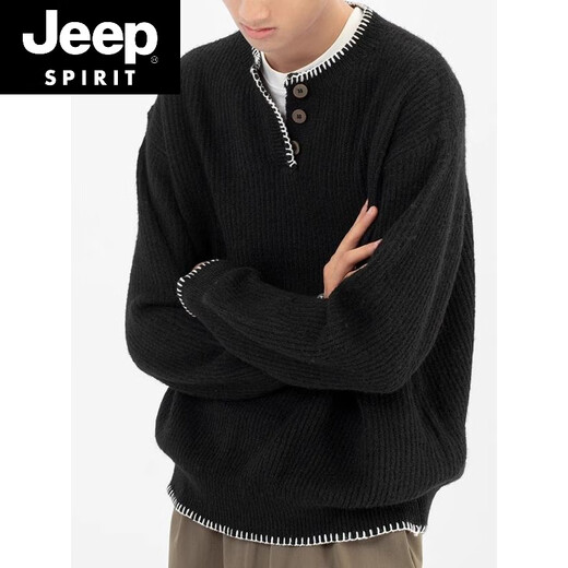 JEEP SPIRIT American retro design casual Henry collar sweater sweater for men and women loose autumn couple lazy pullover top green high quality M