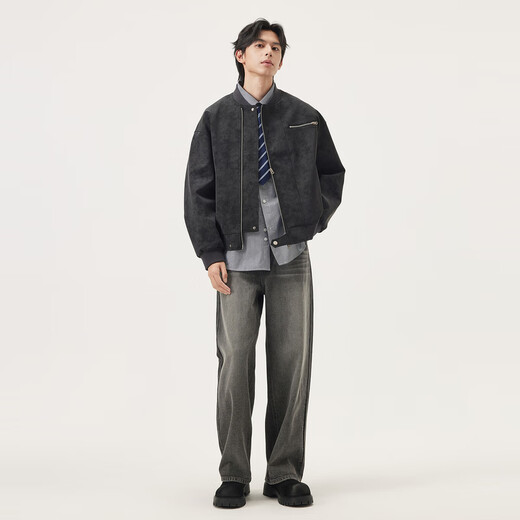 Gxg.jeans Men's PU Leather Fashion Casual Loose Baseball Collar Bomber Jacket 25th Autumn New Product Black Gray L (175)