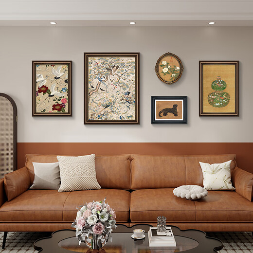 Good wood French mid-century style hanging painting living room American sofa background wall decoration painting niche art combination painting retro oil painting A-retro combination painting 40*6060*8035*3945*3540*60 retro brown + St. John's black + oval-texture painting