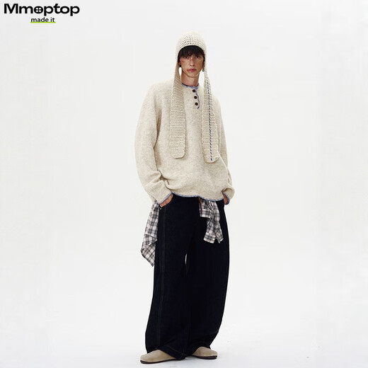 MMOPTOP retro atmosphere knitted sweater autumn and winter men's sheep wool design Henry collar sweater MMY19 oatmeal gray L