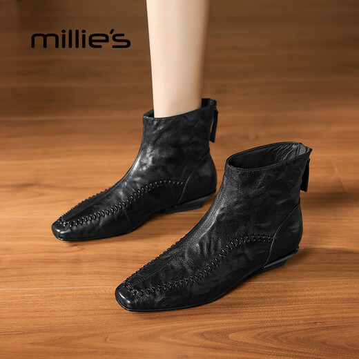 Millies Genuine Leather Sheepskin Ankle Boots Women's Chelsea Slim Boots Plus Velvet Short Boots Women's Square Toe Thick Heel Women's Boots Black 37
