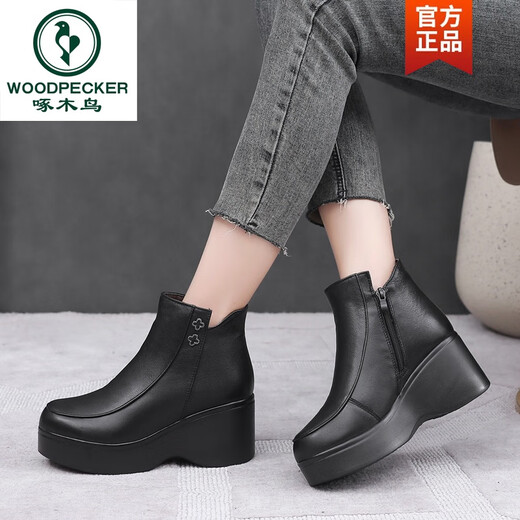 Woodpecker 2026 Autumn and Winter Women's Boots Red Ethnic Style Short Boots Mother's Cotton Boots Thick-soled Platform Heel Wedge Genuine Leather Women's Cotton Shoes Burgundy Cotton Boots 37