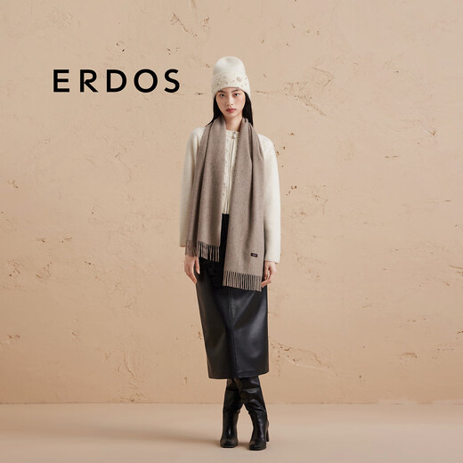 ERDOS 纯羊绒休闲时尚简约单层水纹装饰流苏女士围巾 大地驼 170cmX35cm