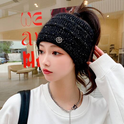 Shuangxi winter high ponytail hat with open top headband for women, autumn warm Japanese knitted wool, Korean version, versatile, black, elastic (54-60cm)