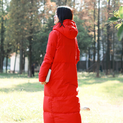 Chaos Jiangnan Solid Color Down Jacket Over Knee Long Winter New Women's White Duck Down Comfortable Warm Hooded Casual Jacket Red M