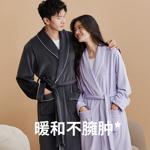 Autumn deer couple's nightgown for women, 5A antibacterial and anti-mite, autumn and winter anti-static warm elastic velvet warm mid-length men's home clothes, lilac (female) L