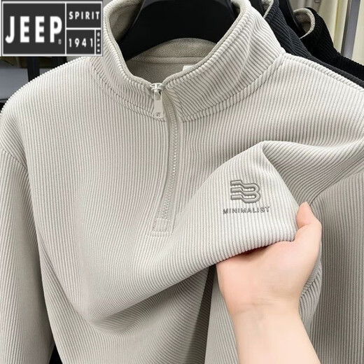 JEEP SPIRIT Jeep zipper stand collar new velvet thickened autumn and winter sweatshirt thickened men's inner layer warm long sleeves dark gray velvet L 110-130Jin Jin equals 0.5 kg