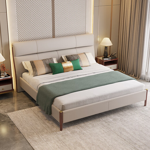 Mengmeisxuan lit wujin bois en bois massif nouveau en cuir chinois lit double lit haut de gamme lit de mariage lit 1,8 m lit jw-206 695a le matelas est doux de l'autre côté et dur de l'autre côté