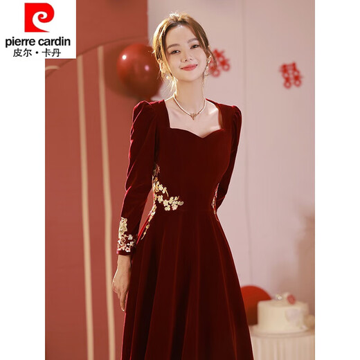 Pierre Cardin 23 New Toast Wear Bridal Red Wedding Winter High-end Velvet Engagement Dress Long Sleeve Autumn and Winter Women Burgundy L