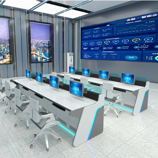 Station de surveillance de la salle de contrôle centrale, station de répartition de sécurité, console centrale de commande électrique, table d'opération en acier et bois au sens technologique moderne, bois peint sans armoire/m
