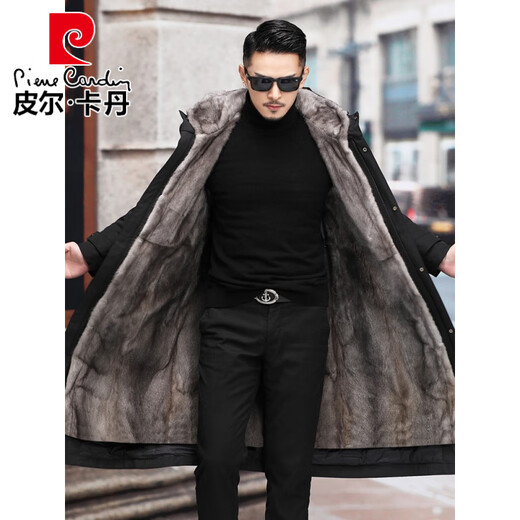 Pierre Cardin parka men's mid-length imitation mink lining cotton coat detachable imitation mink coat jacket winter black large length L