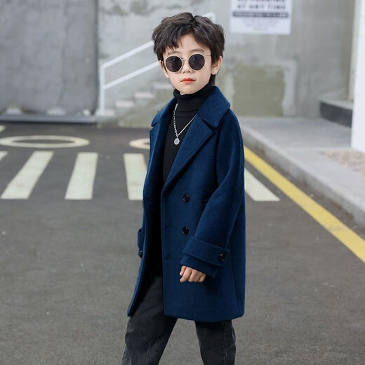 Disney (Disney) Boys Korean Version Thick Woolen Coat Children's Autumn and Winter New Double-breasted Medium-Length Woolen Windbreaker Coat Lake Green Cotton and Thickened Winter Style L-140 Recommended Height 130cm