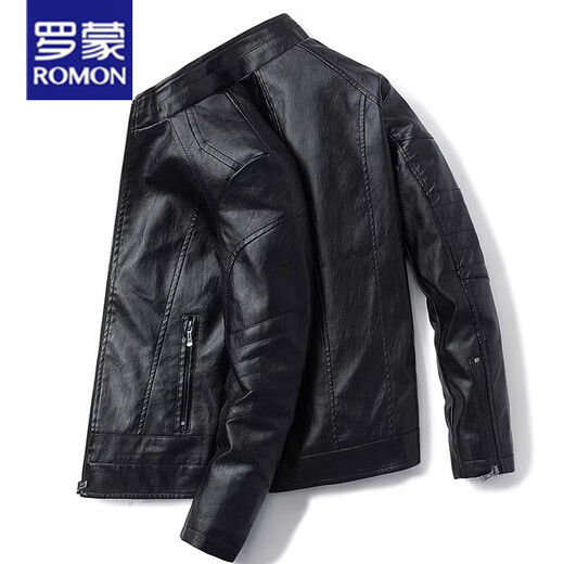 Romon Lederjacke Herrenherbst- und Winter Trendy Marke plus Samt Motorrad Lederständer Halsband Kleidung Frühling und Herbst hübsche Herrenkleidung 9923# Black XL 125-140jin [Jin gleich 0,5 kg]