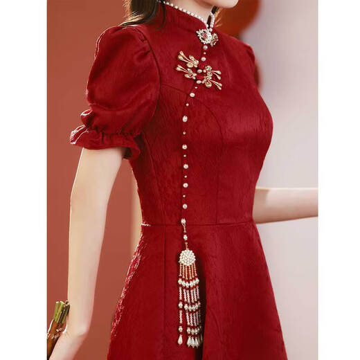 Seidler Cheongsam Toast Clothing Bride Engagement Vestido rojo Vestido pequeño Return 2025 El nuevo estilo se puede usar en el verano Borgoña XL (sugerido 116-125 Jin [Jin equivale a 0.5 kg])