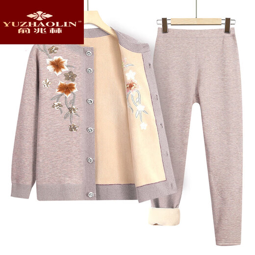 Yu Zhaolin's mother's thermal underwear set with velvet and thickening for middle-aged and elderly people, autumn and winter women's and old lady's clothes and pants, grandma's winter clothes, camel color 3XL (recommended 125-140 Jin Jin equals 0.5 kg)