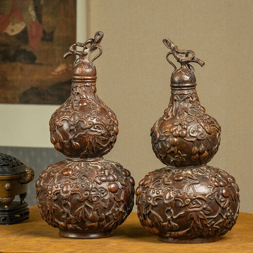 YARAN CULTURE清代沉香木雕福禄万代葫芦形赏瓶（一对）古董收藏中式祝福摆件 17×17×39.6 1098-48