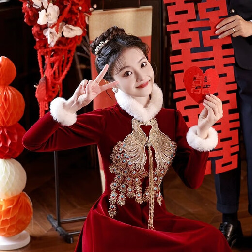 Li Baixin Chinese Cheongsam Toast Wear Bride 2025 Long Sleeve Red Out-of-Pavilion Wedding Return Engagement Dress Thickened Autumn and Winter Burgundy XXL Recommended 120-125 Jin Jin equals 0.5 kg