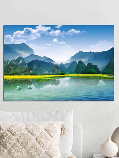 青山绿水油菜花客厅护眼绿色山水风景墙贴画自粘装饰挂画油画壁纸 dashan 1509 80*55厘米 PP背胶/裱膜较薄/背面撕掉可贴