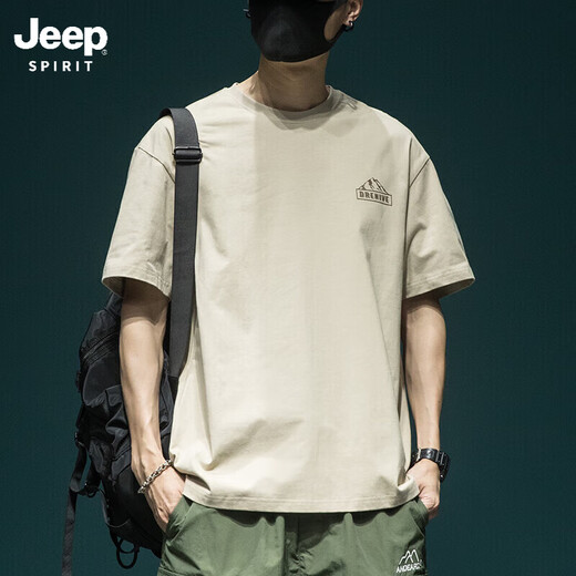 JEEP SPIRIT吉普三本针重磅短袖T恤男宽松大码半袖体恤新款美式印花上衣 T1506黑色 M
