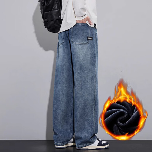 MiiOW 2025 Autumn and Winter Jeans Men's New Wide Leg Loose Straight Plus Velvet Thickened Warm Long Pants Trendy Brand Black-Fleet 3XL