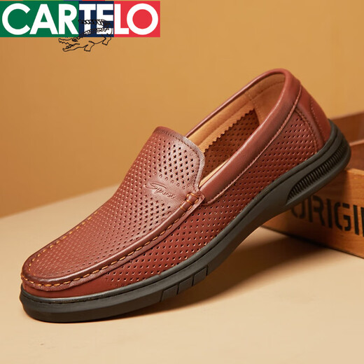 Cartelo Herrenschuhe Lederschuhe Herren Frühling und Sommer Neues echtes Leder Casual Hollow Hole Schuhe Weiche Sohle weiche Oberfläche High-End-Dad Leder Sandalen 9910 Black 38