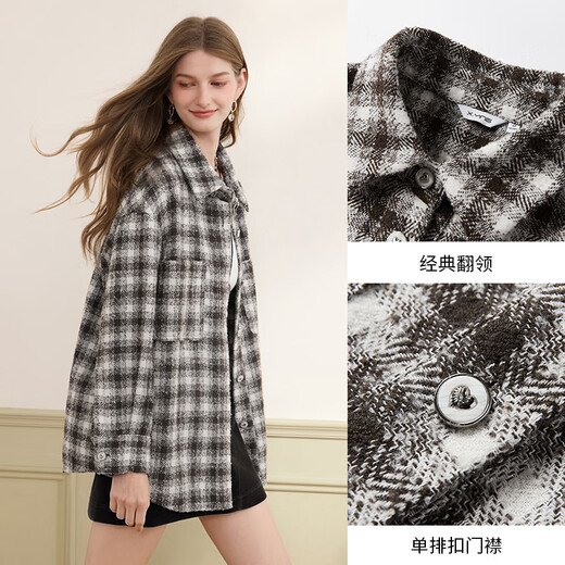 Xiangying retro coffee color plaid shirt for women 2025 winter new style wool long-sleeved loose lapel shirt jacket Kage M 160/84A/95-110Jin Jin equals 0.5 kg