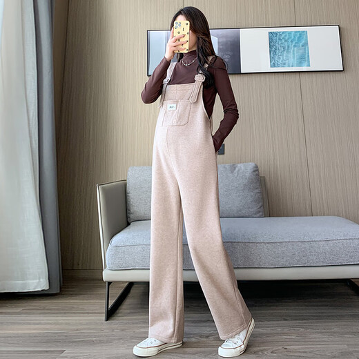 Miduli maternity overalls suit autumn and winter plus velvet thickened maternity pants winter wide-leg pants autumn trousers winter wear khaki overalls-velvet XL size (recommended 130-160Jin Jin is equal to about 0.5 kg)